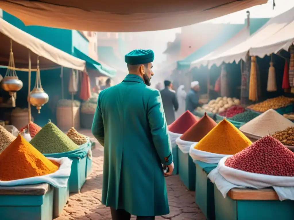 Explorando un bullicioso mercado marroquí, el fotógrafo ajusta su cámara, capturando colores vibrantes y detalles exquisitos