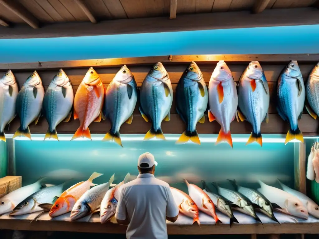 Un bullicioso mercado de pescados y mariscos frescos en Uruguay, con variedad de productos en exhibición y vendedores llamativos