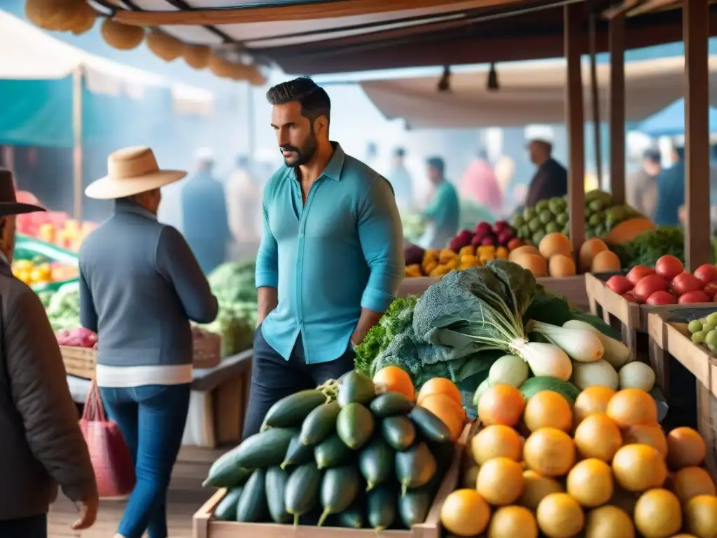 Fotografiar el bullicioso Mercado del Puerto en Uruguay, con frutas y verduras coloridas en puestos de madera