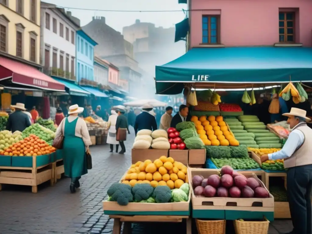 Un bullicioso mercado tradicional en Uruguay, lleno de coloridos puestos de frutas y verduras frescas