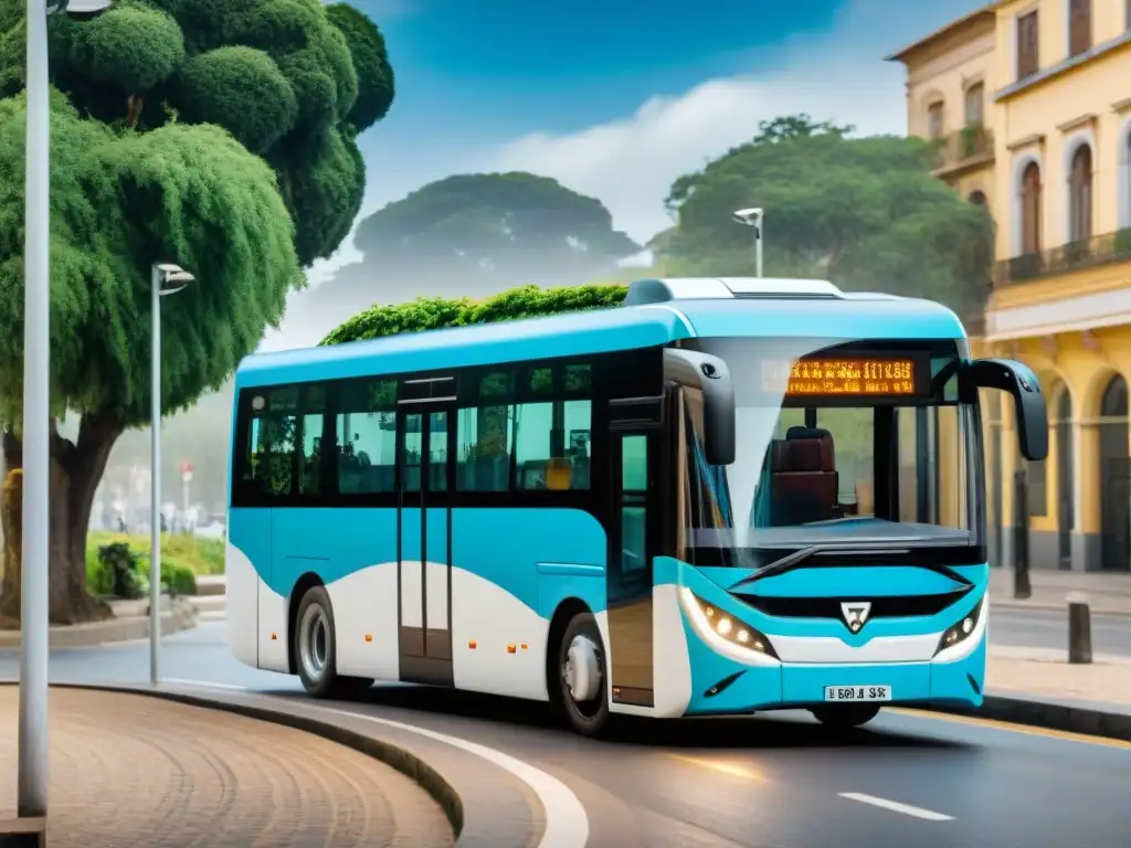 Un bus eléctrico sostenible recorre las calles de Uruguay, reflejando la armonía entre naturaleza y vida urbana