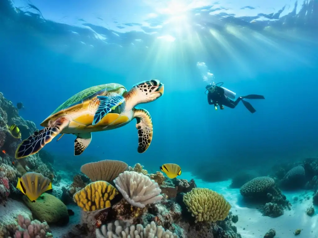 Exploración submarina en Uruguay: belleza y tranquilidad en el océano Un buzo explora el vibrante mundo submarino en las costas de Uruguay, rodeado de arrecifes de coral y peces tropicales