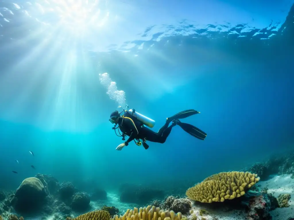 Exploración submarina: maravillas acuáticas en Uruguay Un buzo explora la vibrante vida marina en las costas de Uruguay, seguro buceo en aguas cristalinas con peces coloridos y tortugas marinas majestuosas