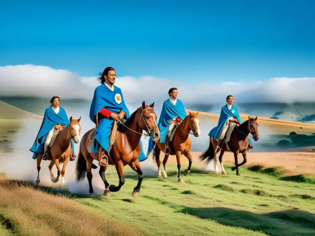 Cabalgata de gauchos en Uruguay, ondeando banderas y vistiendo atuendos tradicionales, en las llanuras