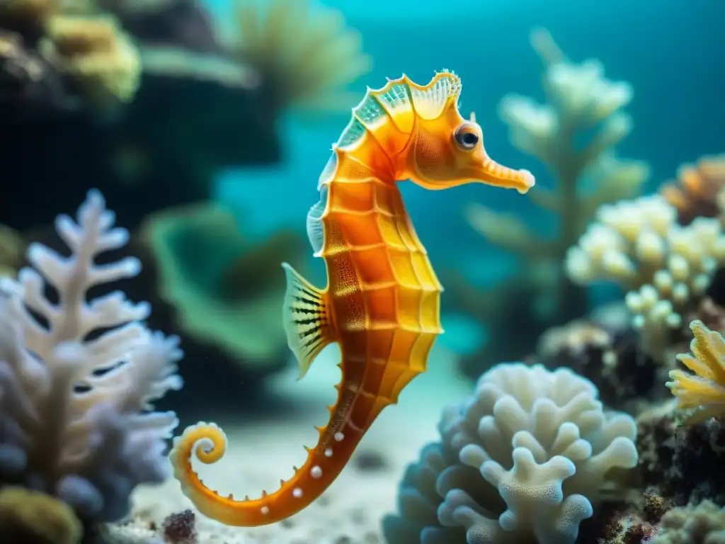 Un caballito de mar naranja nada grácil entre arrecifes de coral coloridos en aguas cristalinas de Uruguay, mostrando la biodiversidad marina