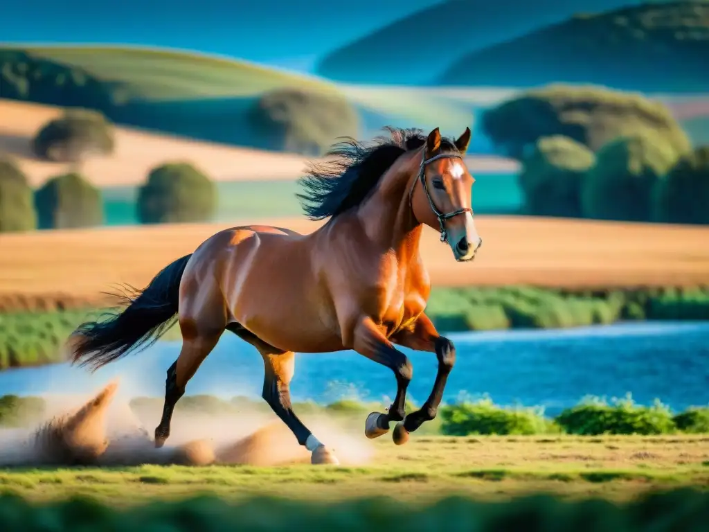 Caballo majestuoso galopando libre en campos dorados de Uruguay