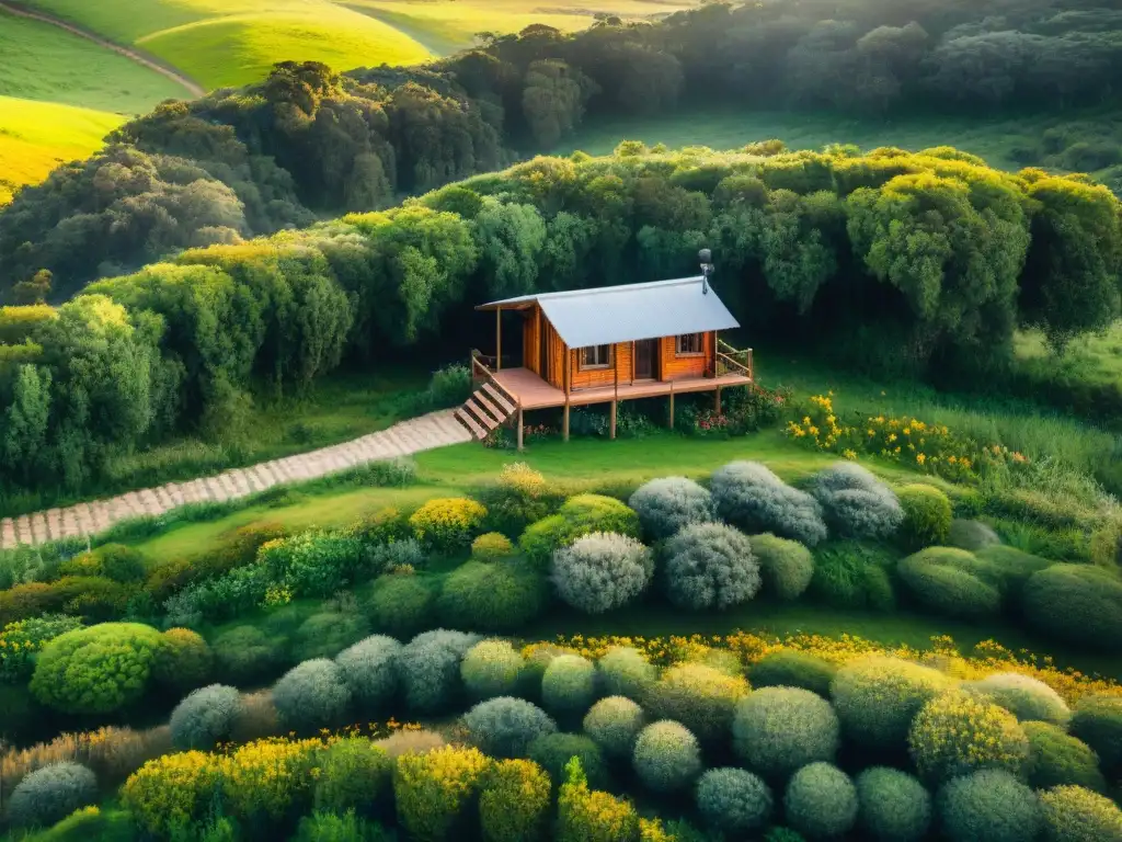 Una cabaña acogedora en medio de verdes colinas en Uruguay, rodeada de flores silvestres y un río serpenteante bajo el cálido sol