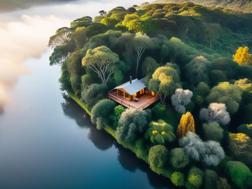 Una cabaña aislada en Uruguay rodeada de naturaleza exuberante, bañada por el cálido resplandor dorado del atardecer