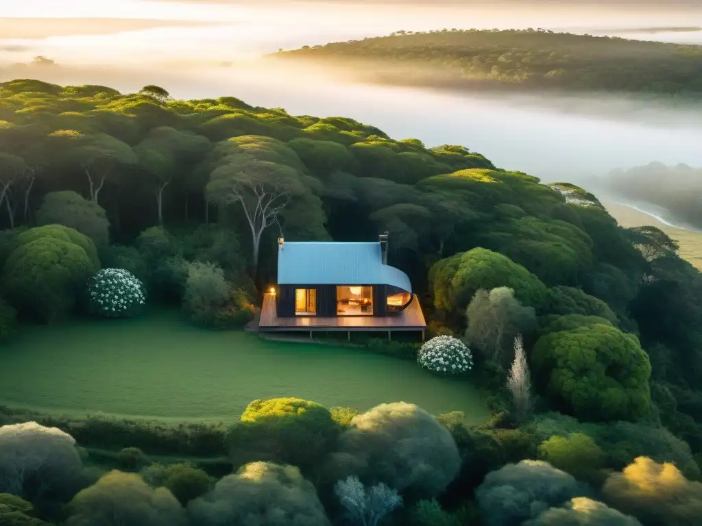 Una cabaña escondida entre bosques verdes en Uruguay, con el sol iluminando la escena