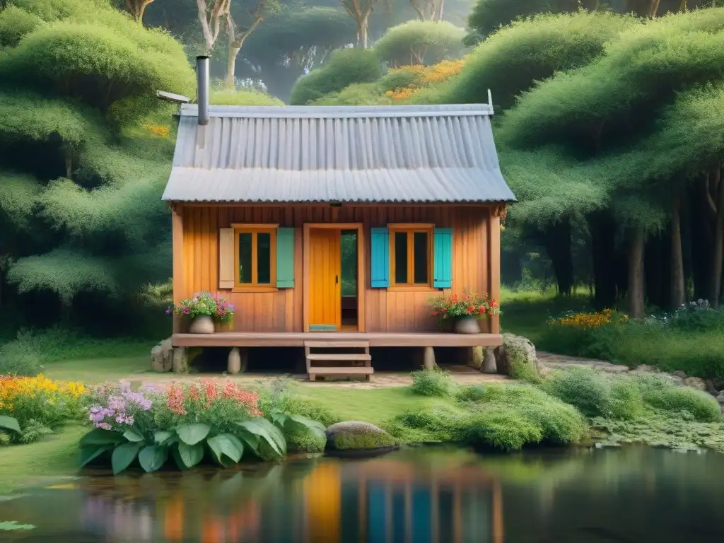 Una cabaña fotográfica en un bosque vibrante de Uruguay, rodeada de flores silvestres y un arroyo sereno