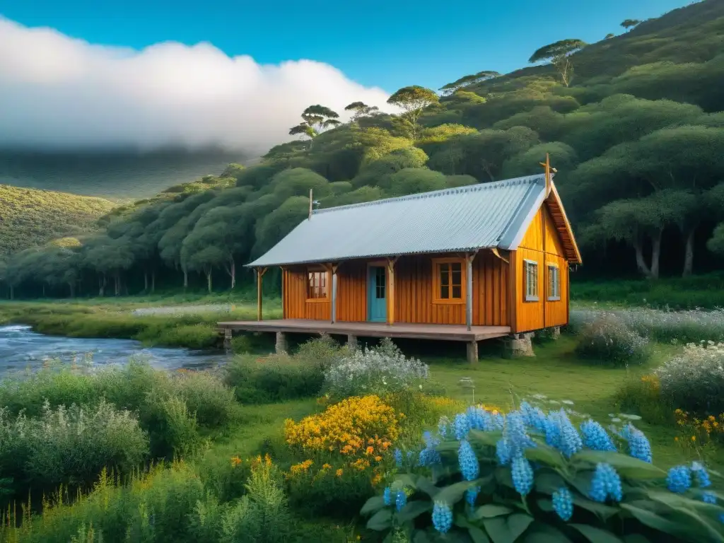 Una cabaña fotográfica en la naturaleza de Uruguay, rodeada de árboles y flores silvestres, bajo un cielo azul