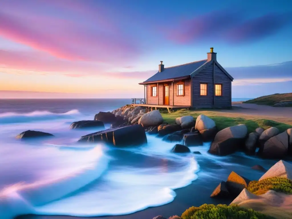 Cabaña de invierno en Uruguay en la costa de Punta del Diablo al atardecer, rodeada de olas y un cielo pintado de rosa y naranja