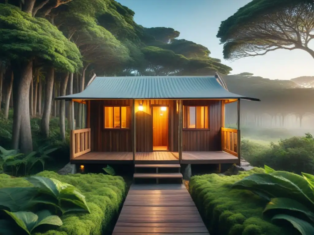 Cabaña accesible en bosque de Uruguay Una cabaña de madera rodeada de naturaleza en Uruguay con acceso universal, iluminada por el sol
