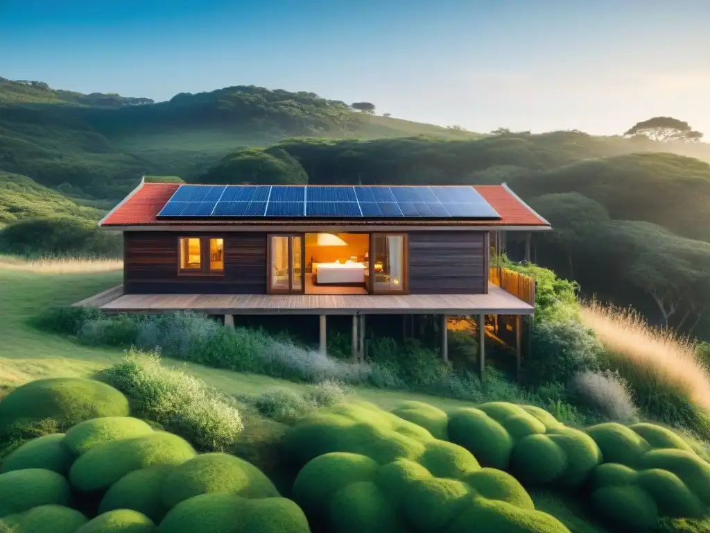 Cabaña sustentable en Uruguay rodeada de naturaleza, con paneles solares y techos verdes