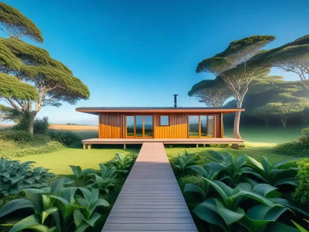 Cabaña accesible en Uruguay: inclusividad en la naturaleza Cabañas accesibles Uruguay: Moderna cabaña rodeada de vegetación con rampas y puertas anchas, mostrando inclusividad y comodidad