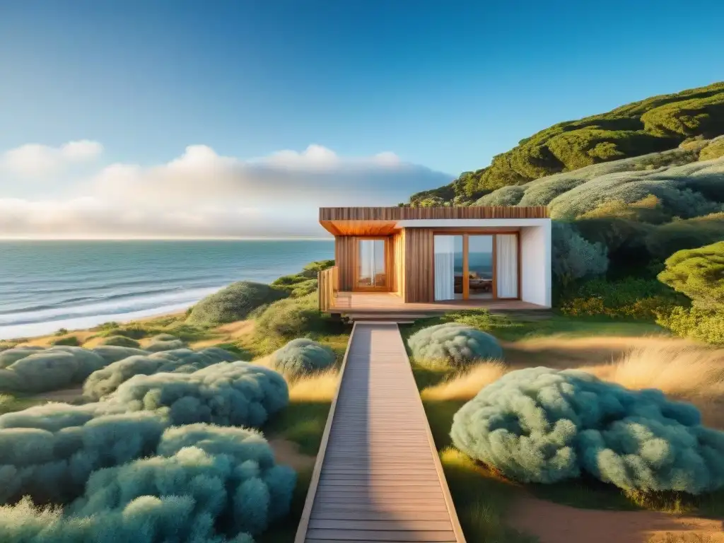 Cabaña accesible en playa de Uruguay: inclusión y naturaleza Cabañas accesibles Uruguay: Escena serena en una playa con cabaña de madera y rampa de acceso, rodeada de exuberante vegetación