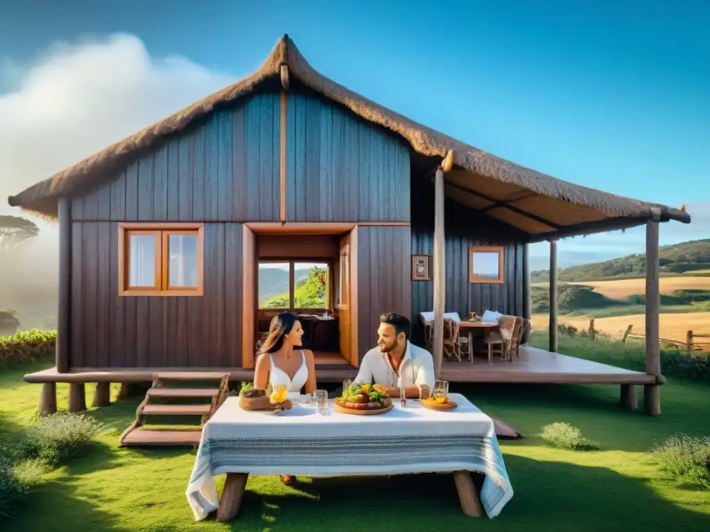 Cabañas con historia en Uruguay: Familia disfruta de comida en cabaña tradicional rodeada de naturaleza exuberante y cielo azul claro