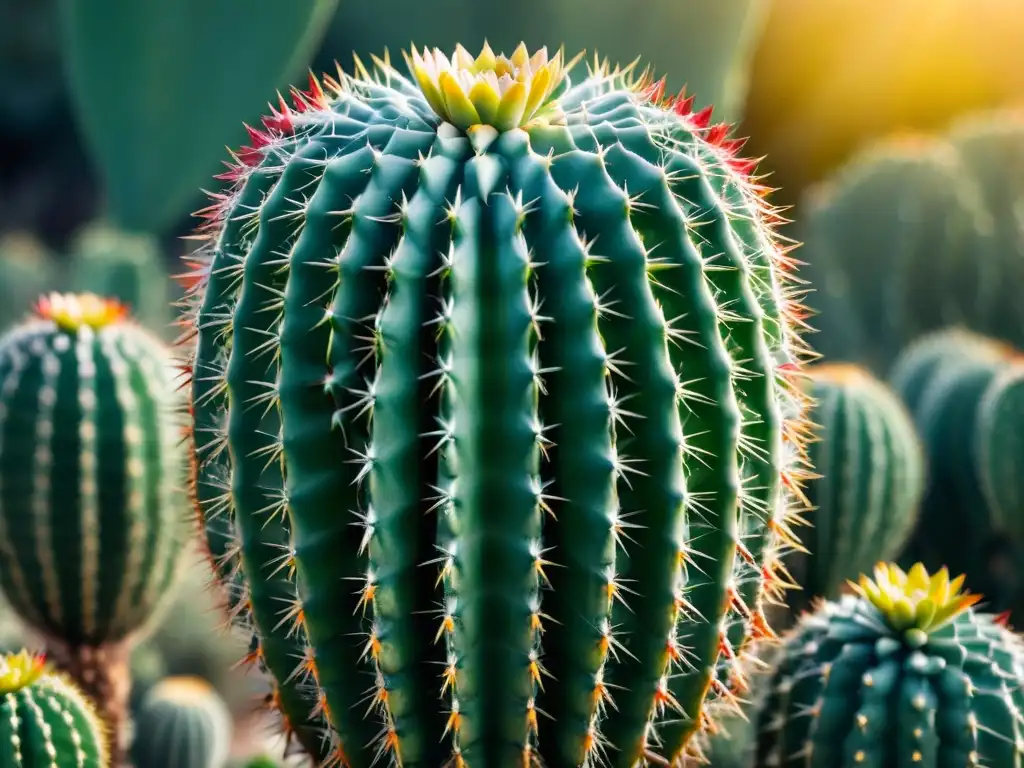 Un cactus verde vibrante cubierto de espinas, brillando con gotas de rocío al amanecer en Uruguay