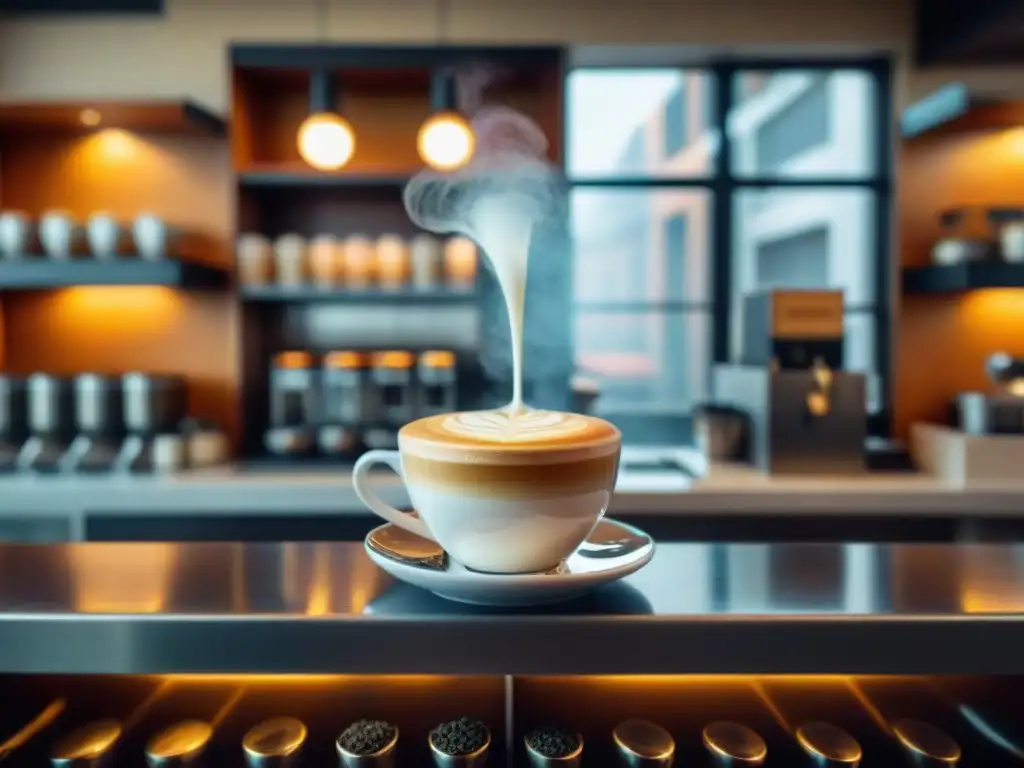 Un café acogedor en Montevideo con barista preparando arte en un café, rodeado de granos de café del mundo