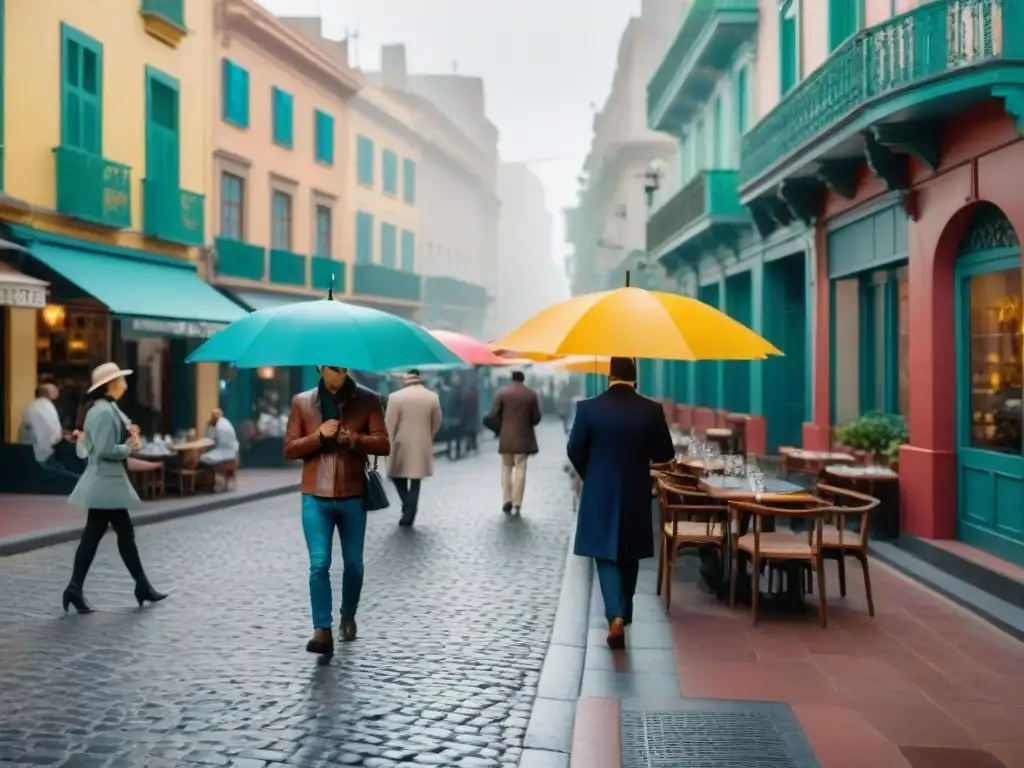 Cafeterías con encanto en Montevideo: Calles llenas de vida, cafés coloridos con sombrillas, locales y turistas disfrutando del ambiente vibrante