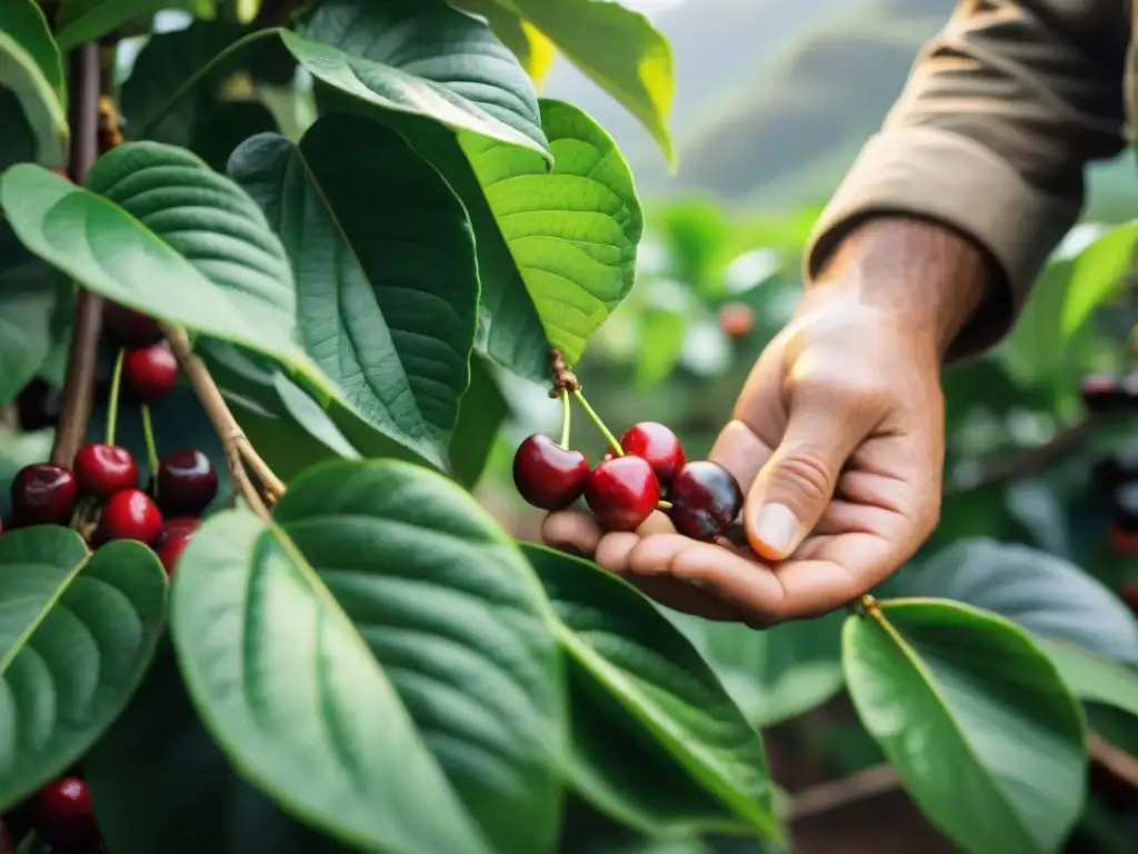 Un caficultor uruguayo selecciona con destreza cerezas de café rojas bajo un frondoso dosel verde