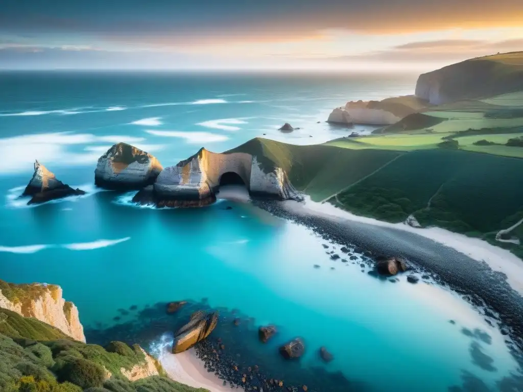 Una cala escondida en la costa uruguaya al atardecer, con aguas turquesas, acantilados, restos de un naufragio y gaviotas