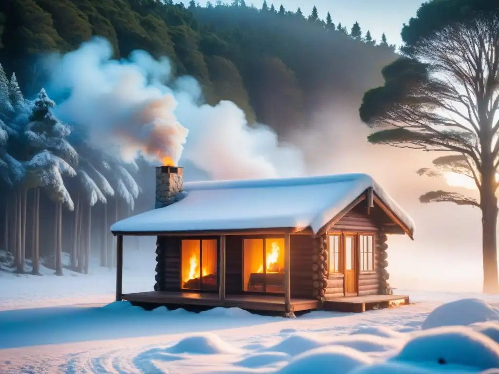 Una cálida cabaña de invierno en Uruguay, en un bosque nevado con aves coloridas y nieve cayendo suavemente