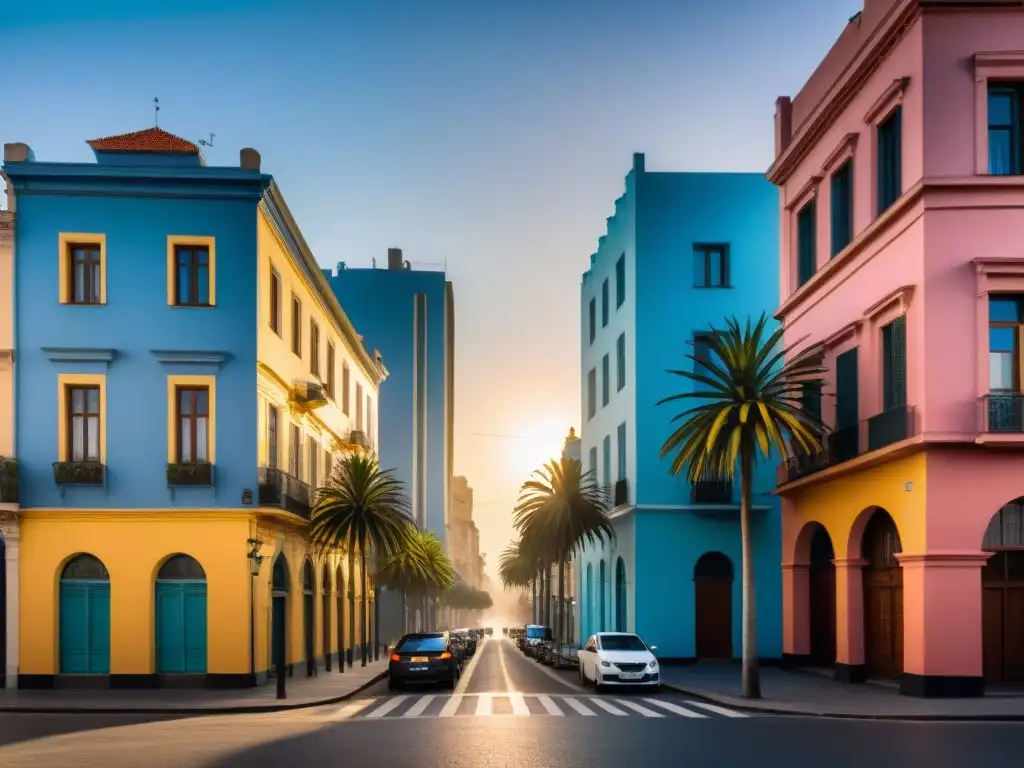 La cálida luz del atardecer ilumina una bulliciosa calle de Uruguay, fotografiando su paisaje urbano único