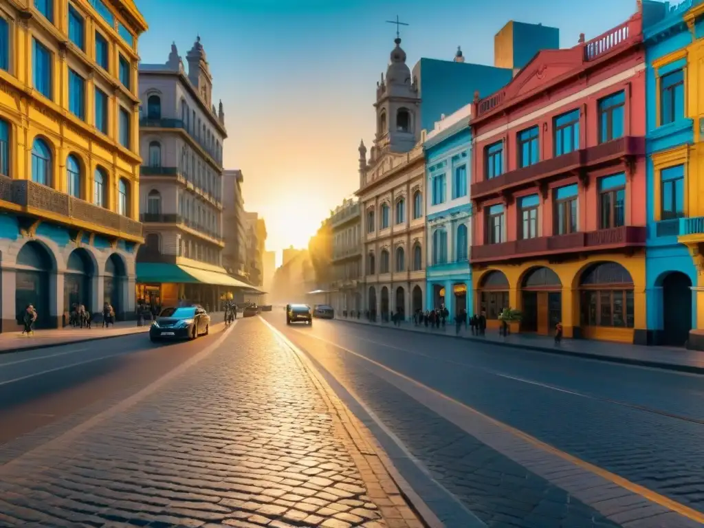 Una calle bulliciosa de Montevideo al atardecer, con energía vibrante y edificios coloridos