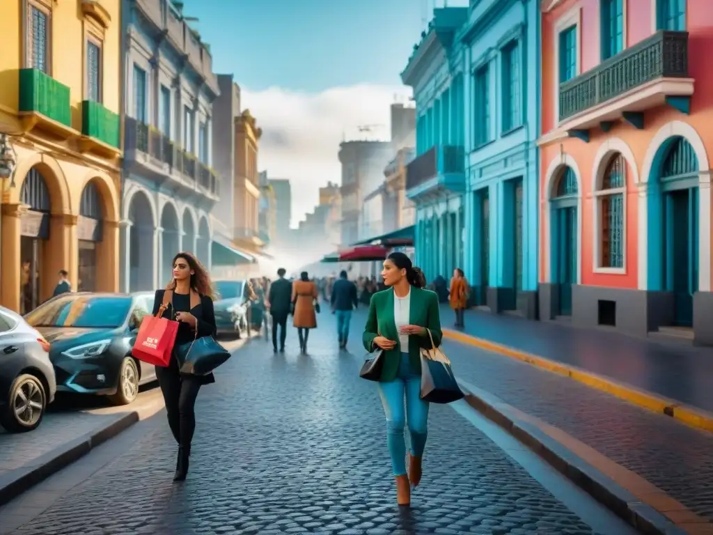 Una calle bulliciosa en Montevideo, Uruguay, llena de locales en sus rutinas diarias