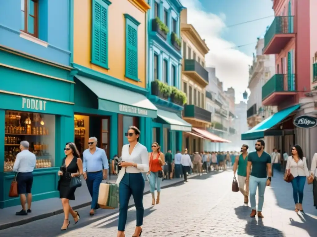 Una calle bulliciosa en Montevideo, Uruguay, llena de lugareños y turistas con diversas y elegantes gafas de sol