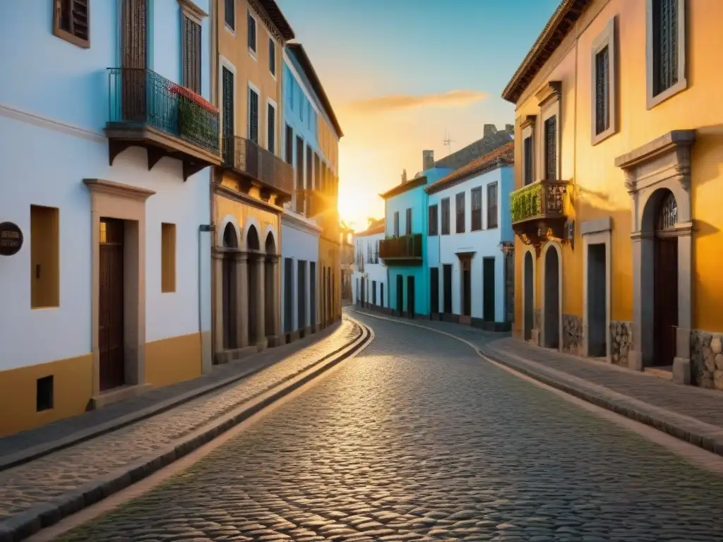 Una calle empedrada en Colonia del Sacramento, Uruguay, muestra la historia y patrimonio de la región al atardecer