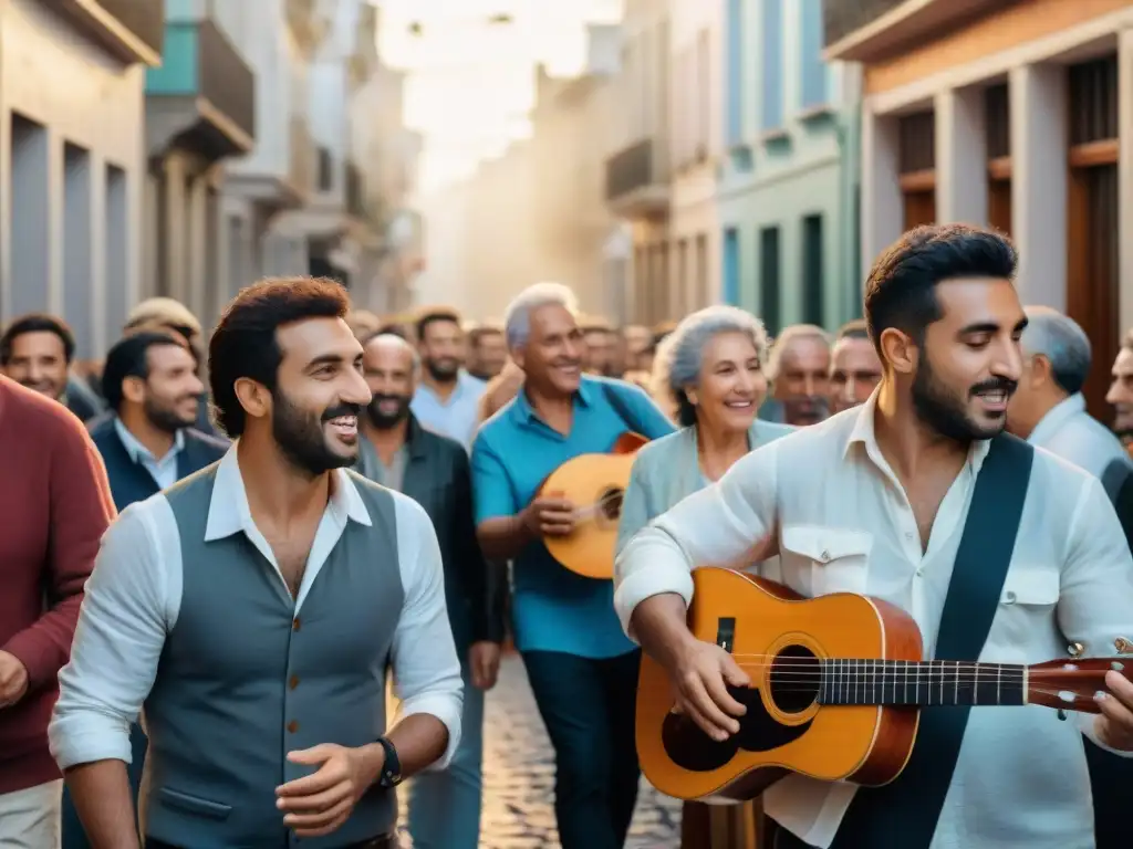 Una calle llena de vida en Montevideo con artistas destacados interpretando música popular uruguaya