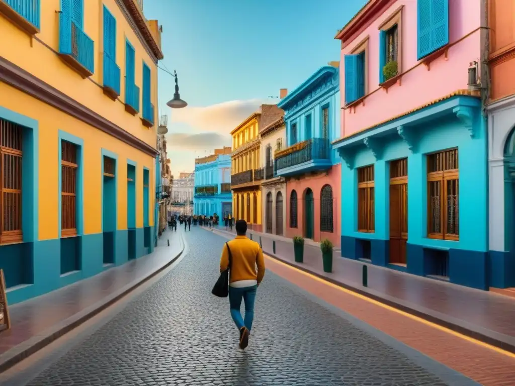 Una calle vibrante en Barrio Reus, Montevideo, con edificios coloniales coloridos y arte urbano, reflejando la fusión europea-uruguaya