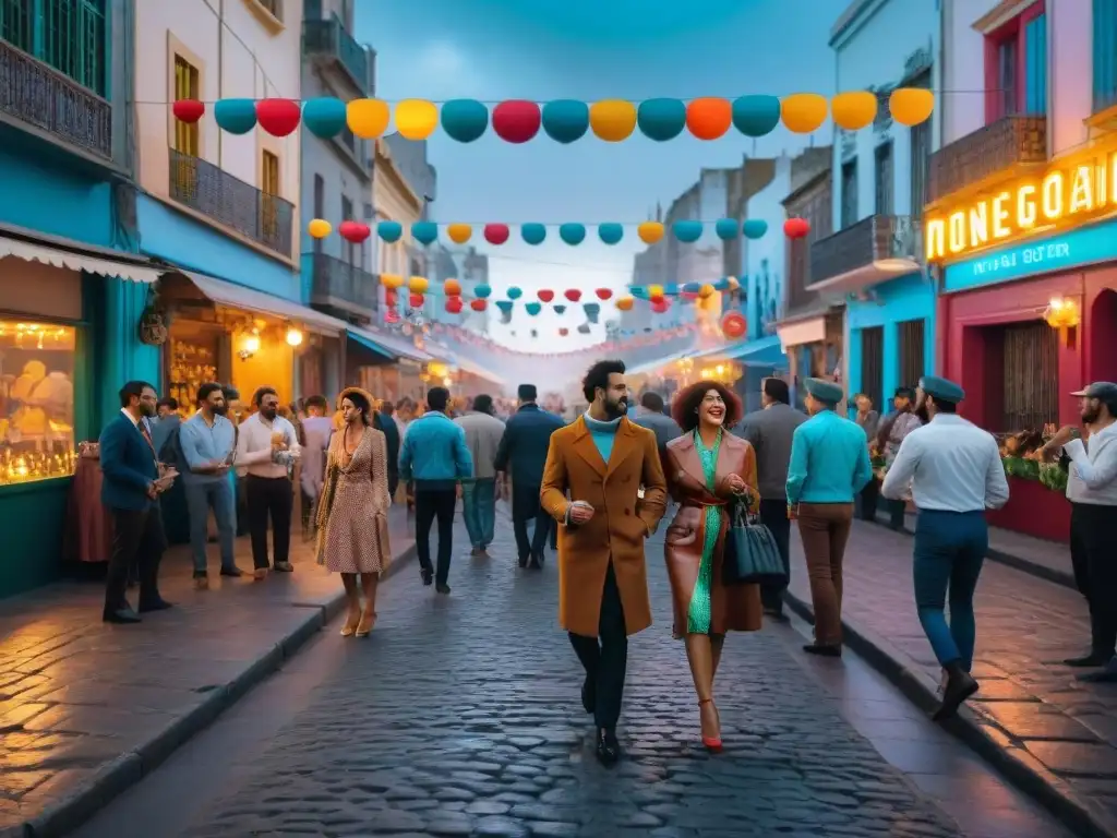 Una calle vibrante y bulliciosa en Montevideo, Uruguay, llena de gente vestida con atuendos retro de los 70 y 80