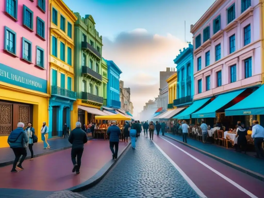 Una calle vibrante de Montevideo, Uruguay, llena de coloridos edificios y actividades familiares