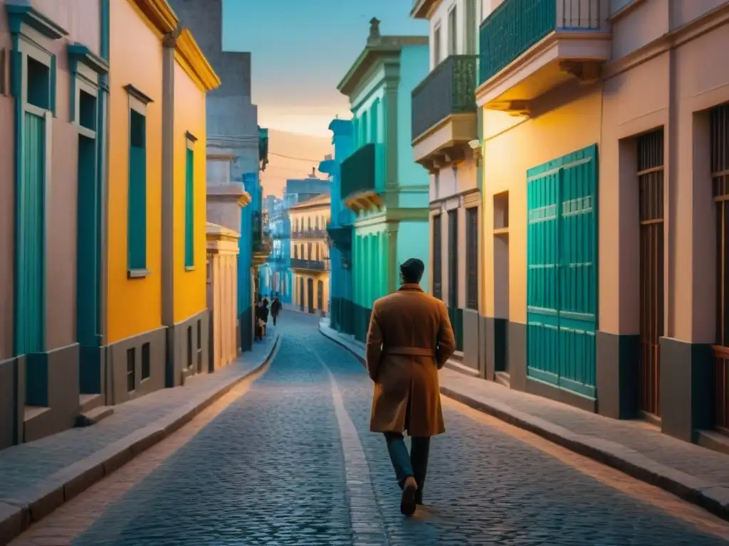 Un callejón empedrado en Montevideo al anochecer con luces titilantes, edificios antiguos y sombras misteriosas, evocando leyendas urbanas Montevideo