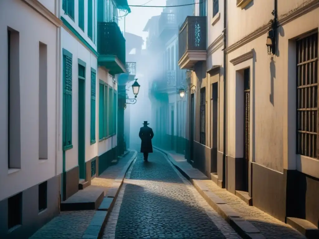 Un callejón oscuro y misterioso de Montevideo, Uruguay, resaltando la arquitectura histórica y la atmósfera intrigante de la ciudad