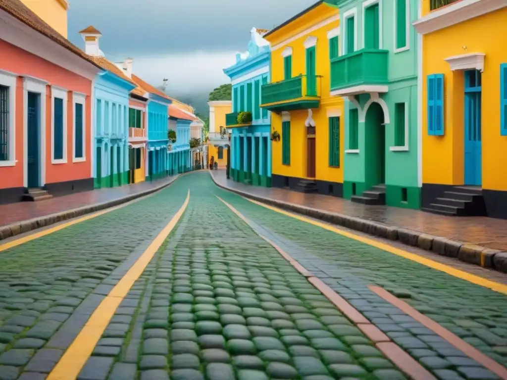 Calles empedradas de Trinidad, Uruguay con arquitectura colorida, árboles verdes y festivales tradicionales