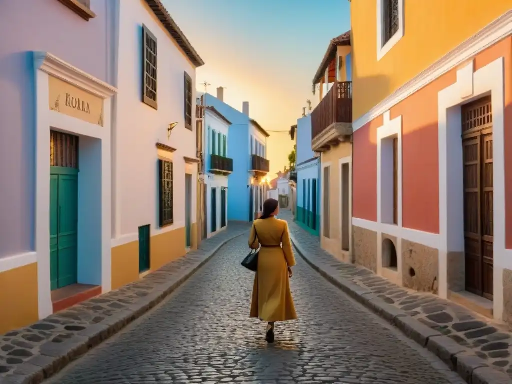 Calles empedradas de Barrio Histórico Colonia Sacramento iluminadas por la hora dorada, llenas de encanto y nostalgia