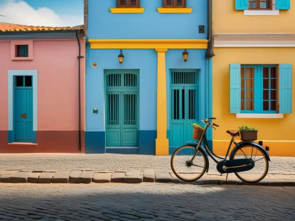 Fotografiando calles empedradas en Uruguay: Una escena detallada y nostálgica de una calle empedrada con edificios coloridos y una bicicleta vintage