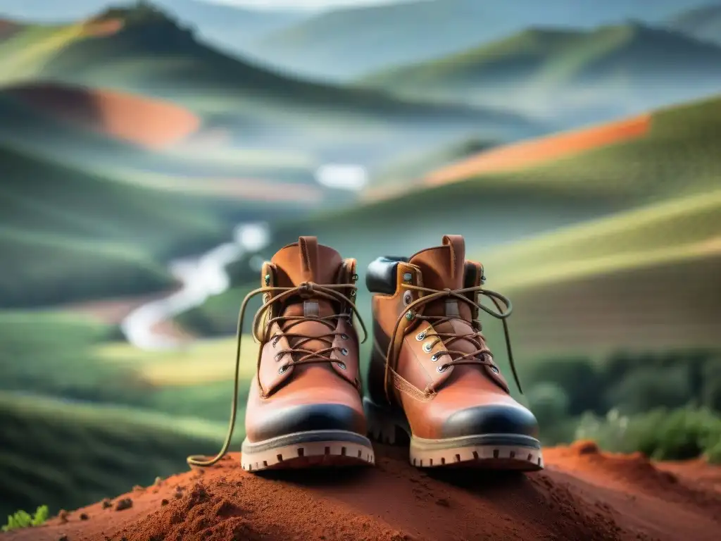 Calzado ideal para explorar Uruguay: Botas de senderismo cubiertas de barro rojo en paisaje de colinas verdes y bosques exuberantes