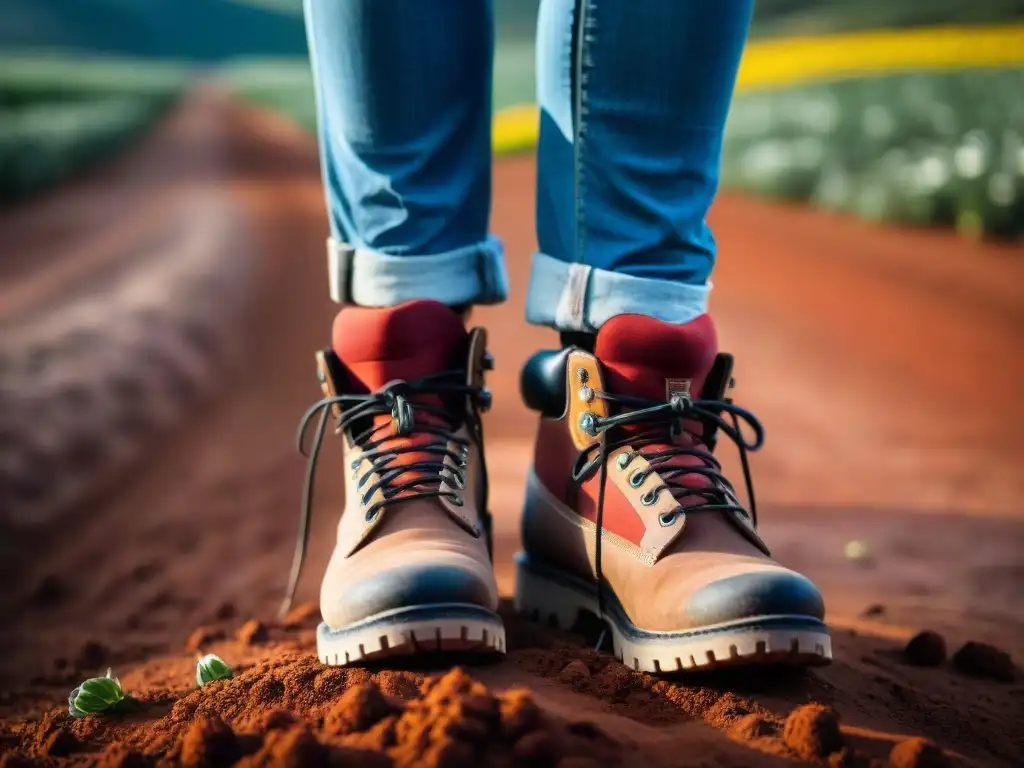 Calzado ideal para explorar Uruguay: Botas de senderismo cubiertas de barro rojo y rodeadas de rocas y flores silvestres en el campo uruguayo