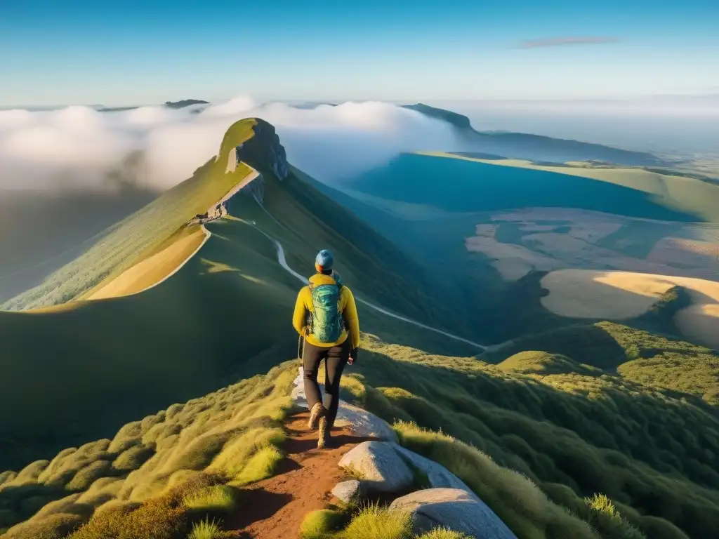 Un caminante contempla el paisaje desde Cerro Catedral en Uruguay, equipado con equipamiento senderismo