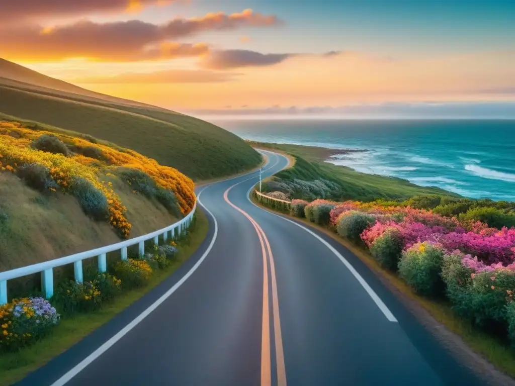 Un camino costero sinuoso en Uruguay, bañado por el cálido atardecer