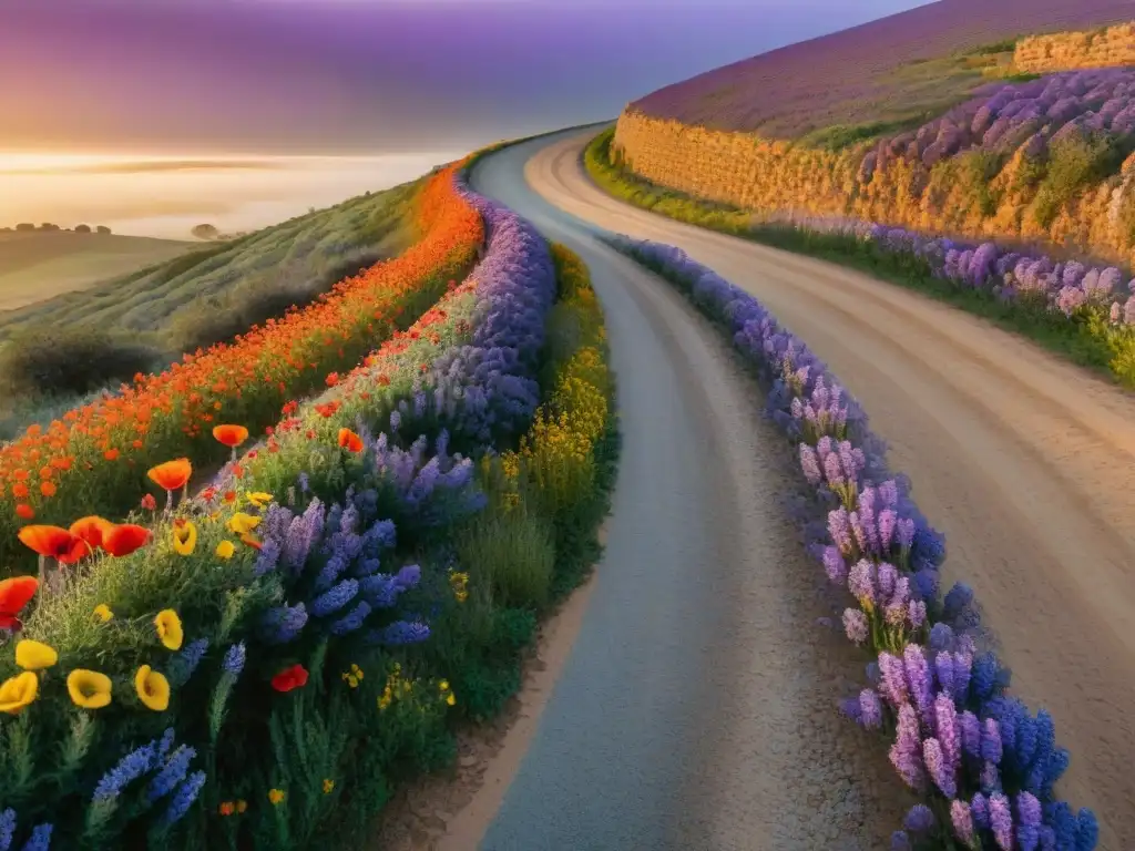 Un camino de flores silvestres coloridas en Uruguay al atardecer, en la Ruta de las Flores