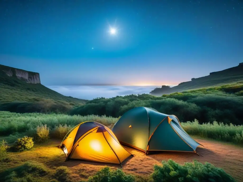 Un campamento acogedor en la exuberante vegetación de Uruguay, con sacos de dormir para diferentes estaciones bajo un cielo estrellado