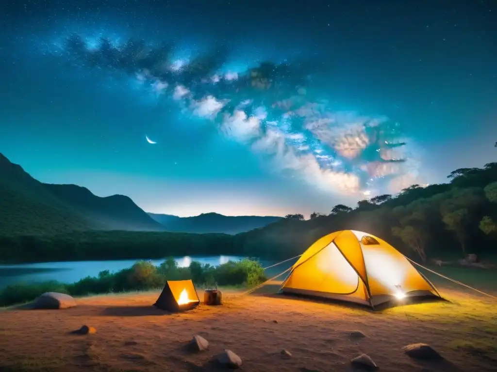 Campamento acogedor iluminado por una cálida luz en el bosque uruguayo