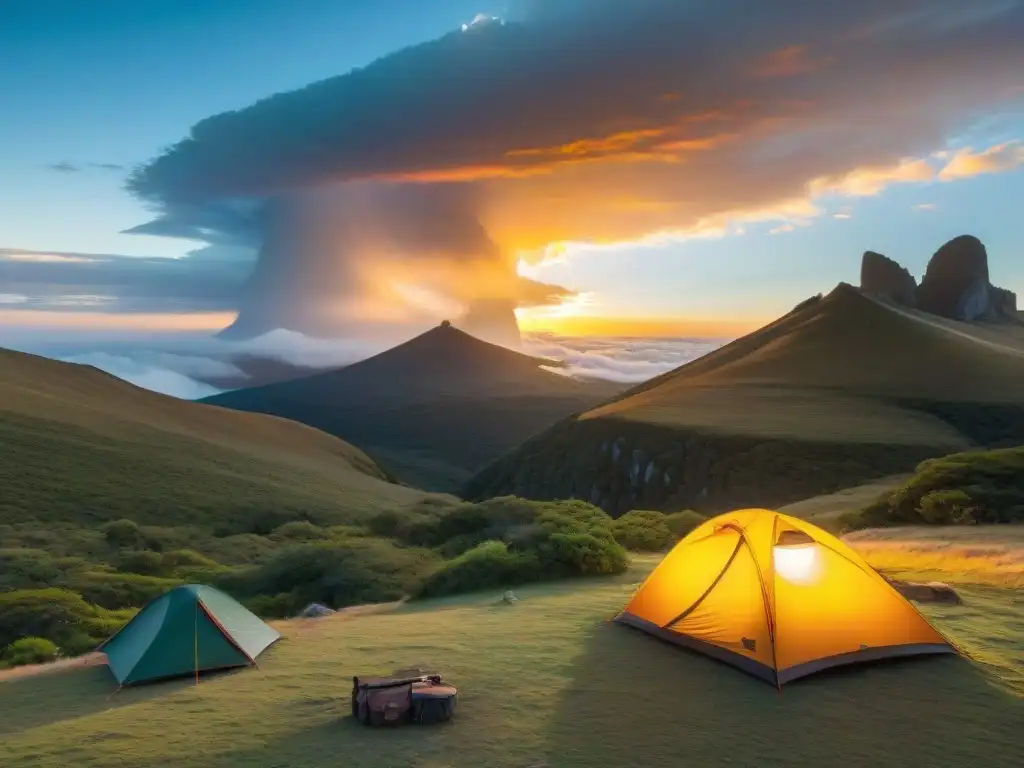 Un campamento acogedor al pie del Cerro Catedral en Uruguay al atardecer, con accesorios camping imprescindibles