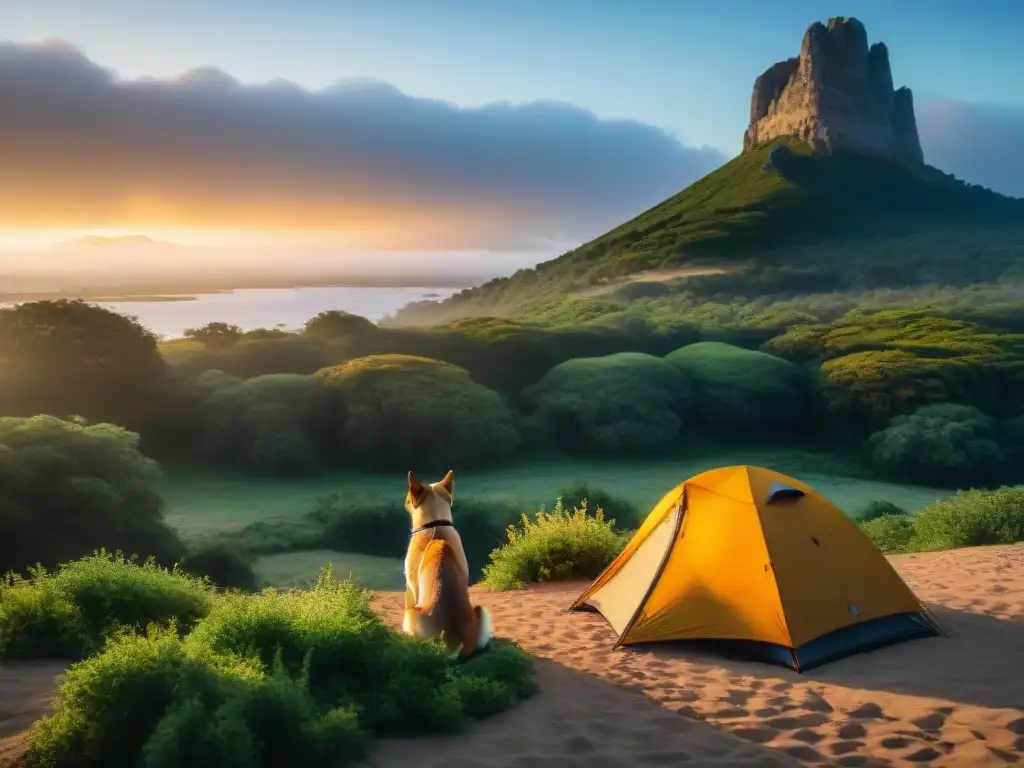 Campamento en Uruguay al atardecer con tienda, perro feliz y accesorios camping mascotas